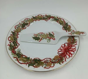 Vintage Weihnachtsgirlande Porzellan Kuchenteller mit Servierer 10,5" Andrea Sadek 1994 - Bild 1 von 9