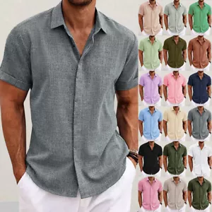 Herren Leinen Kurzarm Shirts Hemdbluse Strand Hemd Sommer Freizeithemd Basic Top - Bild 1 von 32