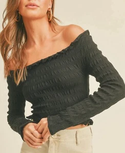 Miou Muse Women’s Black Smocked Off the Shoulders Long Sleeves Cropped Top S - Picture 1 of 17