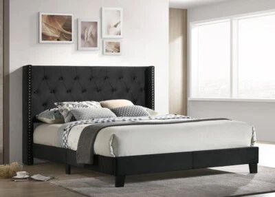 Queen Size Platform Bed Frame With Fabric Upholstered Headboard, Black Color - Image 1 of 2