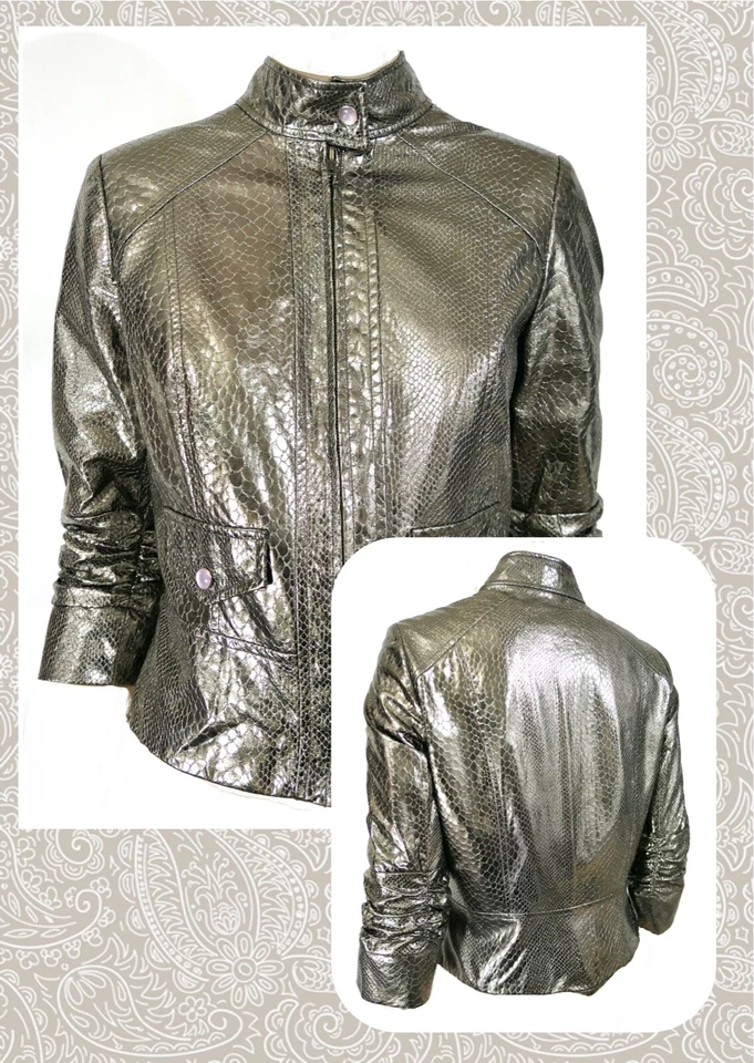 Peck and Peck Vtg 90s Silver Cropped Metallic Snake Moto Jacket Top 8 Y2K - Image 1 of 4