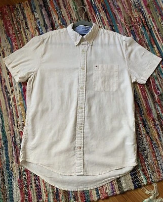 Camisa De Colección Años 90 Tommy Hilfiger Para Hombres Crema Cuello Con Botones Manga Corta Talla L Foto 1 de 4