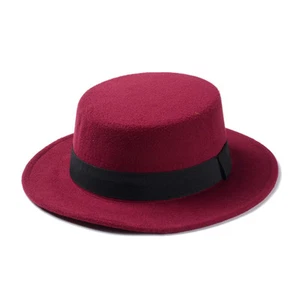 Women Wool Blend Boater Hat Wide Brim Bowler Cap Flat Prok Pie Gambler Top Hat - Picture 1 of 22