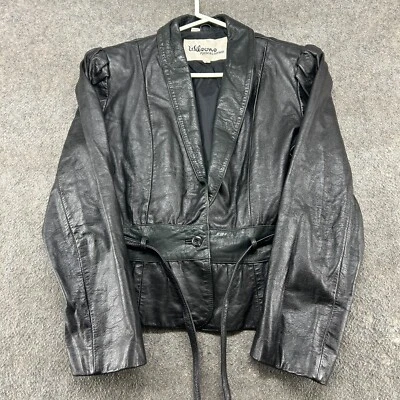 Chaqueta de cuero Wilsons vintage para mujer 10 negra motociclista genuina con cinturón años 80 90 Foto 1 de 4