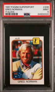 1987 Panini Supersport Reino Unido #206 Greg Norman tarjeta de novato radiocontrol PSA 9 como nueva POP 1 Sala de estar - Imagen 1 de 2