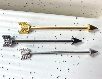 Flecha 14g o 16g Barra Industrial Joyería Corporal 1.5" (38mm) Acero, Negro, Dorado Foto 1 de 4