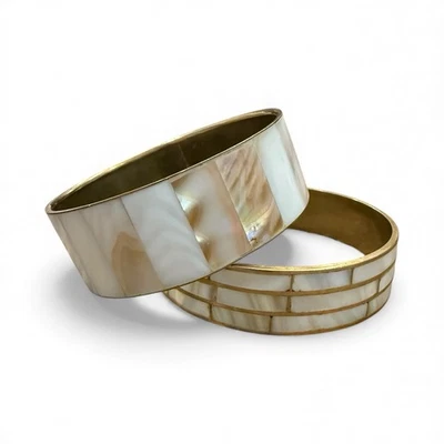 Lot of 2 White Mother of Pearl Shell Inlay Brass Round Bangle Bracelets - Image 1 of 4