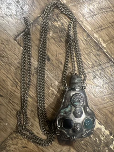Antique Yemeni Silver Necklace Gemstones Perfume pendant Scent Bottle - Picture 1 of 11