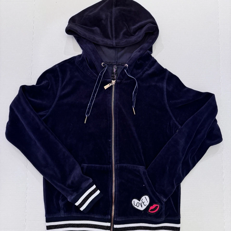 Chaqueta con Capucha Betsey Johnson Azul Marino Terciopelo Cremallera Completa Talla S De Colección Y2K Parches a Rayas Foto 1 de 4