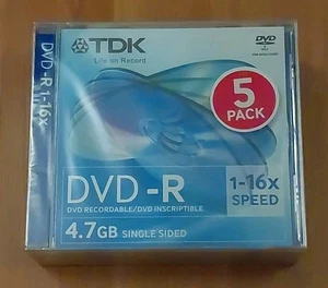 BNWT TDK DVD-R 4.7GB single sided 1-16x Speed 5 Pack Of Disks - Picture 1 of 2