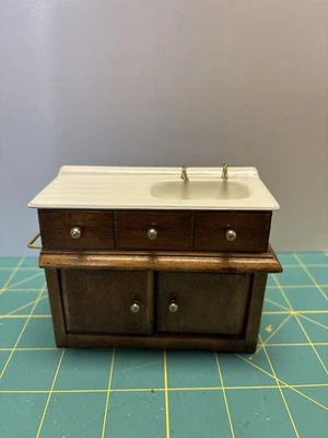 Dollhouse Bathroom Sink Cabinet Wood with White Basin & Working Doors 1:12 Scale - Image 1 of 4