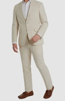 Kenneth Cole реакции мужчин бежевый тонкий льняной 2-Pc куртка брюки костюм Sz 38S 31W 32L - Изображение 1 из 4