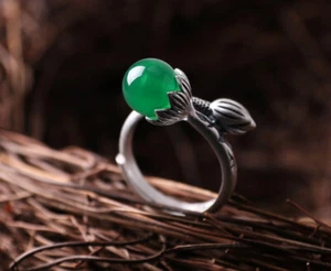 T08 Anello Fiori di Loto Knospe Verde Agata 990 Argento Fine Misura Regolabile - Foto 1 di 1