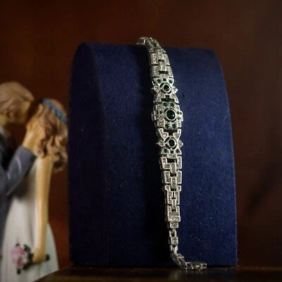 Pulsera Plateado Antiguo Arte Decoración Floral Cz Verde 1920s Estilo SC11 - Imagen 1 de 4