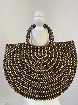 Free People | 半月棕色 Ibiza 全木质串珠内衬托特包 BOHO — 第 1/4 张图片