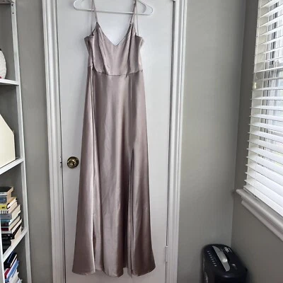 Maxi Vestido Gris Pájaro S Jay Brillante Satén Taupe Dama de honor Boda Invitada Línea A Foto 1 de 4