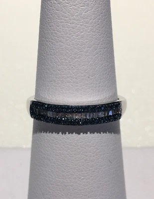 NWT BLUE AND WHITE DIAMOND HALF ETERNITY RING SIZE 6, 925 STERLING SILVER - Image 1 of 4