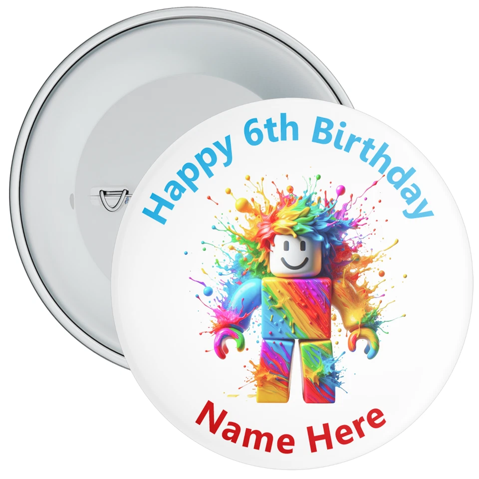 Personalised 6th Birthday Badge - Roblox Theme Birthday Badge - 75mm Wide - Image 1 of 1