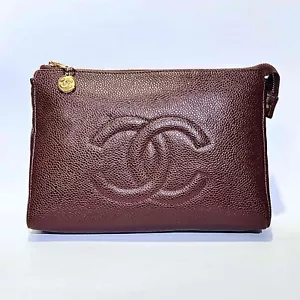 CHANEL Coco mark cosmetic pouch brown black gold caviar skin - Picture 1 of 14