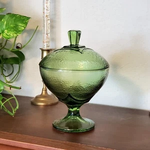 Vintage Hazel Atlas Green Pebbletone Pedestal Candy Dish Or Compote With Lid - Picture 1 of 10