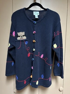 QUACKER FACTORY BLUE RAMIE KNIT CAT CHRISTMAS LIGHTS HOLIDAY CARDIGAN SWEATER 1X - Image 1 of 3