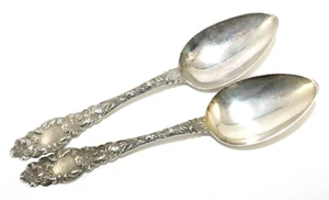 Pair  of 1905 Dominick & Haff 925 Sterling Silver Blossom Serving Spoons 8 1/8in - Picture 1 of 7