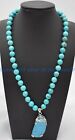 Natural 8Mm Blue Turquoise Gemstone Round Beads Eggplant Pendant Necklace Aaa
