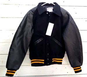 Delong Varsity / Letterman's Award Jacket 80% Wool USA Size X-Small Black Yellow - Picture 1 of 10