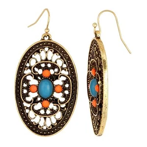 1928 Jewelry Brass Turquoise and Coral Filigree Oval Drop Dangle Earrings - Picture 1 of 1