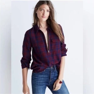 Madewell McKinney Red Blue Plaid Flannel Zip-Front Popover Shirt SIZE LARGE - Picture 1 of 9