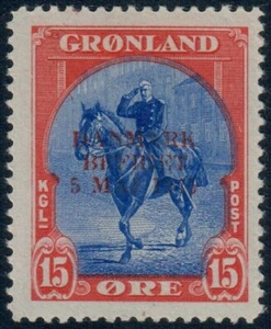 GROENLANDIA. #23. 1945. FRIET DANMARK. 15 Øre Chr. X a caballo. Como nuevo (PK2100) - Imagen 1 de 2