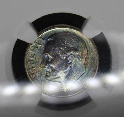 1957 P NGC Graded MS65 Silver Roosevelt Dime Rainbow Color Toning Toned Coin Cover