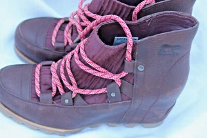 BOTAS SOREL SANDY NL2628-628 CUÑA OCULTA CORDONES CUERO BORGOÑA TALLA 8 USADA EN EXCELENTE ESTADO - Imagen 1 de 8