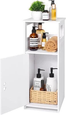 Armario de almacenamiento de piso de baño blanco, mueble lateral independiente con estantes abiertos Foto 1 de 4