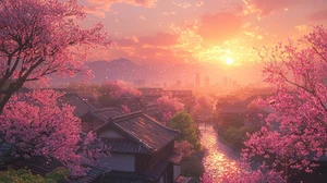 Canvas Art Pink And Orange Sunset Over Village Wall Picture Poster Print - Picture 1 of 22