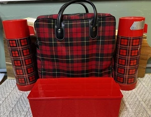 Aladdin Picnic Set red plaid Carry bag 2 Thermos Plastic Case vintage Used - Picture 1 of 12