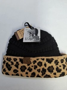 NEW Messy Bun Beanie Hat Cap Adult Brown Leopard Cheetah Womens PONY TAIL HOLE - Picture 1 of 3