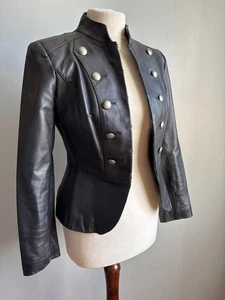NEXT LEATHER MILITARY JACKET 8 10 petite biker slim fit cavalry steampunk real - Picture 1 of 17