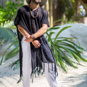Men's Designed Fringe Edge Beach Coat Tops Pullover Cover-up Trench Coat Shirt - Picture 1 of 7