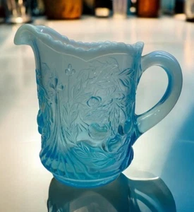 Vintage LG Wright Blue Glass Opalescent Raised Cherry Design Creamer MCM 1960’s - Picture 1 of 14