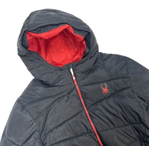 Spyder Front Zip Hooded Puffer Jacket Men M Black Red Logos - Picture 1 of 13