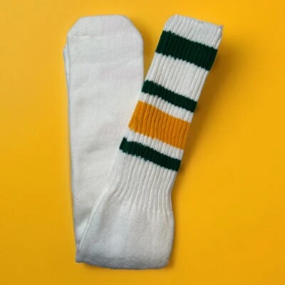 VTG Socks Tube Men's 1980s 25" 13-15 Green Gold Stripes Sport Acrylic Thick - Image 1 of 4
