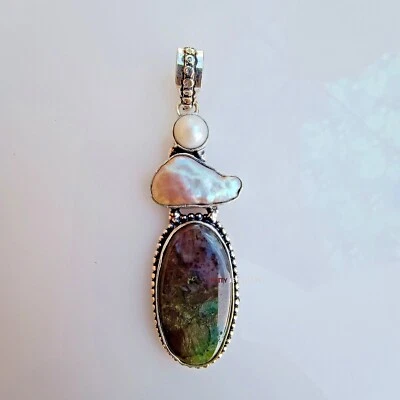 Semiprecious With Mother Of Pearl Pendant, 925 Sterling Silver, Handmade Pendent - Image 1 of 4