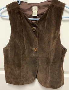 gilet vintage Gap taglia M marrone spacco pelle di vitello scamosciata foderato alto scollo a V CE - Foto 1 di 8