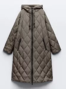 Zara Long Puffer Jacket Khaki Size S 3046/229 - Picture 1 of 5