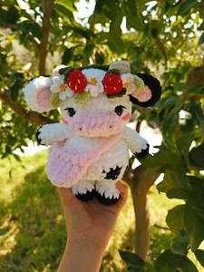 Handmade Strawberry Cow Plush – Cute Crochet Cow Toy – Kawaii Gift Idea - Picture 1 of 2