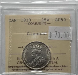 1918 Canada 25 Cent ICCS Certified AU-50 Cleaned. M-423 - Picture 1 of 3