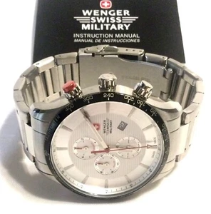 WENGER SWISS MILITARY CHRONOGRAPH WATCH Silver Dial Black Bezel Stainless Band - Picture 1 of 8