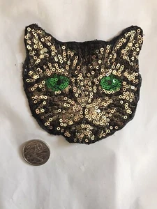 11.5x12cm Embroidered Sequin Cat Head Kitten Kitty Green Eye Patch Appliqué - Picture 1 of 7