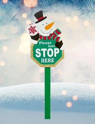 SHOP4ALLSORTS Santa Stop Here Sign Wooden Garden Stake Cute Christmas Snowman Design 49.5cm